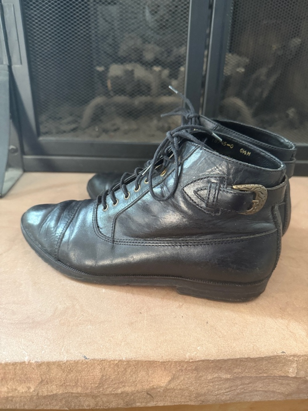 VTG 80s 90s Mixed Blues Black Leather Lace-Up Ankle Boot with Side Buckle 6.5 M